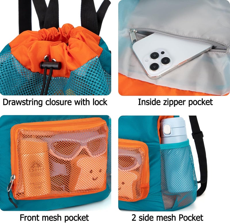 Veious Swim Bag for Kids Drawstring Backpack for Boys Lightweight Mesh Beach Backpack Swimming Pool Sports Gym String Bag Green - Image 4